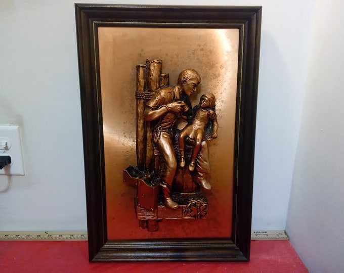 Vintage Copper Wall Decor, Copper Picture Framed Wall Art "Doctor with Small Girl on Pier", 1990's