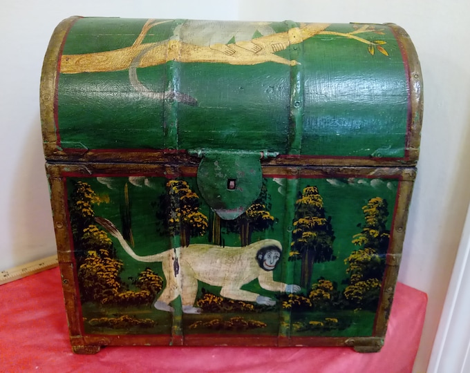 Vintage Storage or Wine Chest, Decorative Chest with Hand Painted Monkeys, Wood and Metal Chest, Made in India#