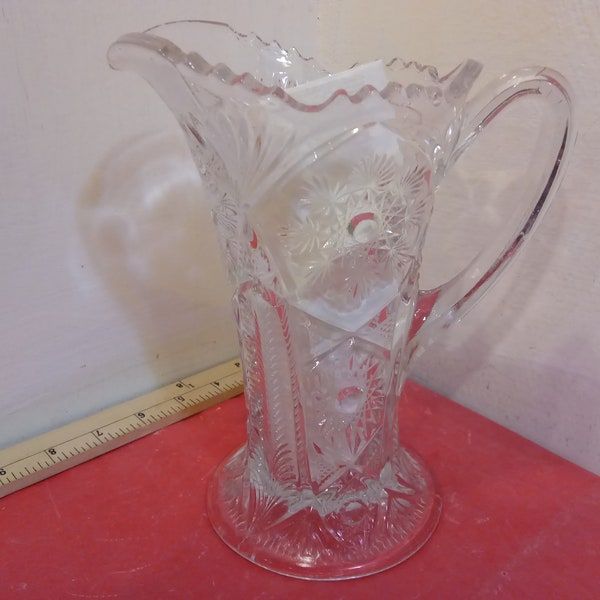 Vintage Glass Pitcher, EAPG Cambridge Clear Glass Pitcher with Snowflake Sunburst or Fernland Pattern, 1906