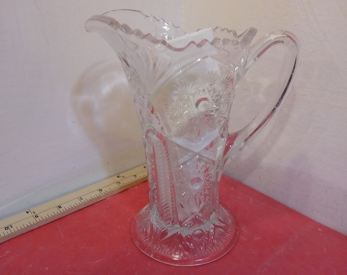 Vintage Glass Pitcher, EAPG Cambridge Clear Glass Pitcher with Snowflake Sunburst or Fernland Pattern, 1906
