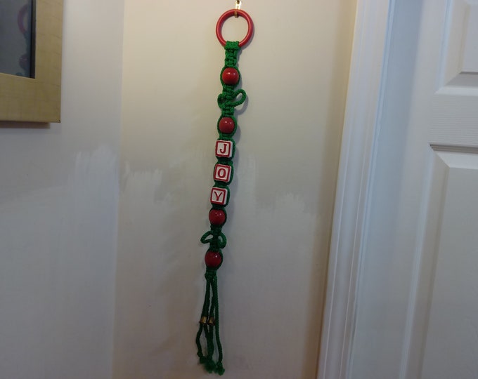 Vintage Christmas Decor, Macabre Joy Wall Hanger with Bells and Red Wooden Large Beads and Green Rope