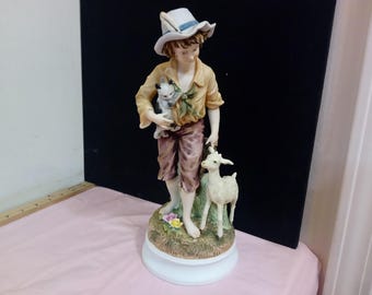 Vintage Ceramic Large Figurines, Andrea by Sadek Figurines, Girl in Feathered Hat with Cat and Goat or Girl with a Goose with a Jug, 1960's