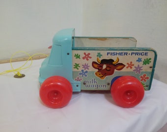 Vintage Child's Learning Toy, Fisher Price Toy, Milk Wagon, 1965