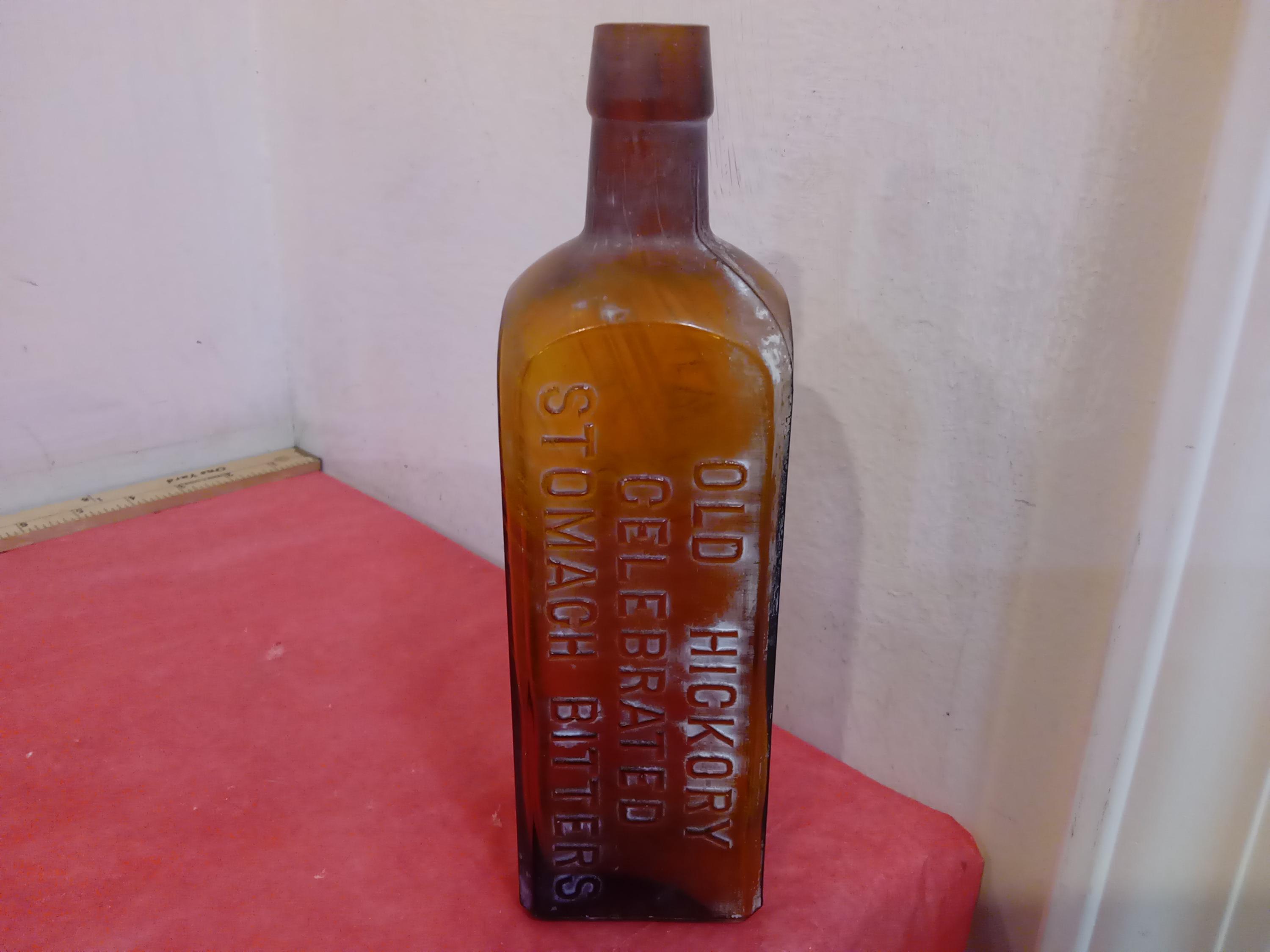 Vintage Light Brown Square Bottle, Old Hickory Celebrated Stomach 
