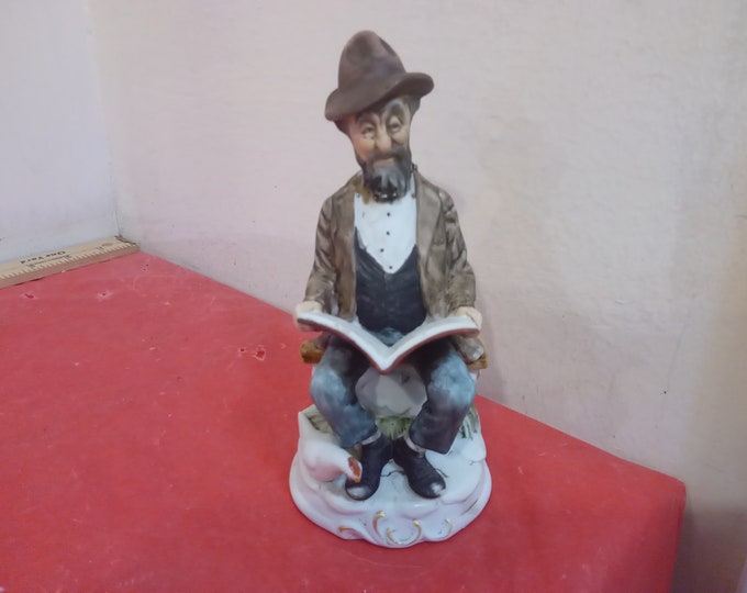 Vintage Ceramic Figurine, Napcoware Figurine Man on Bench reading Book with Duck at Feet, 1970's