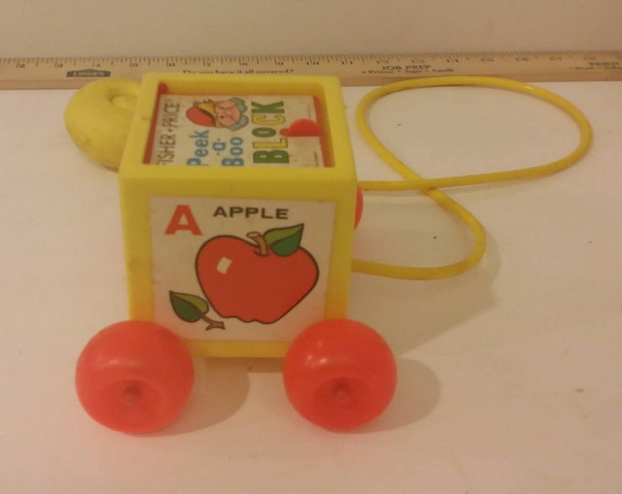 Vintage Fisher Price Peek a Boo Block Pull Toy ABC, 1970's