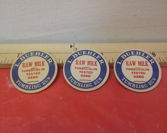 Vintage Milk Cap Lids, Paper Milk Cap Lids for Raw Milk, L. Buehler Tumbling Run Dairy