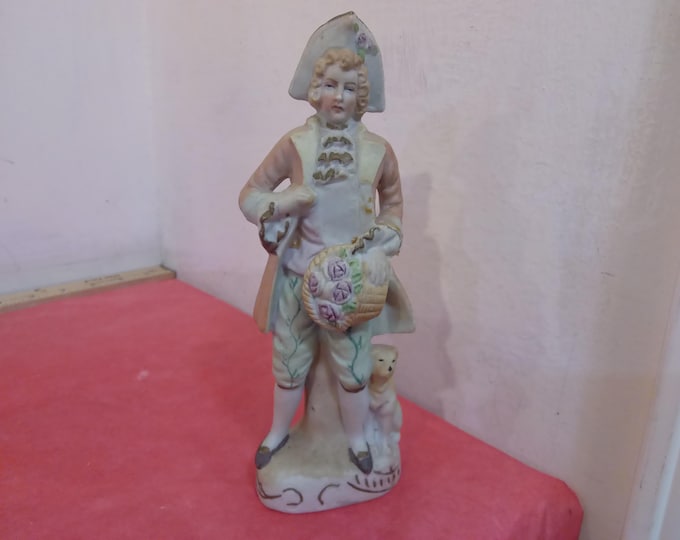 Vintage Ceramic Figurine, Hand Painted Figurine of Boy in Hat with Basket of Flowers and Dog at Feet, Made in Japan, 1960's