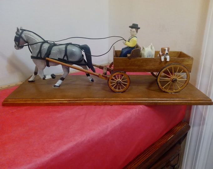 Vintage Carved Amish Driver with Horse, Wagon, and Dog with Feed Bags in Wagon