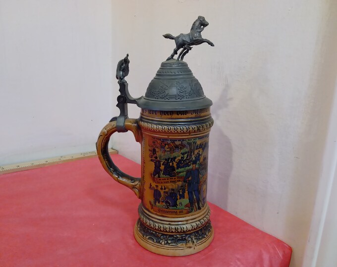 Vintage Beer Stein, Decorative Stein by Gerz, Made in Germany, Hand Painted WWI Stein with Horse and Eagle on Top, 1909