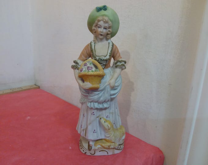 Vintage Ceramic Figurine, Hand Painted Figurine of Girl in Hat with Basket of Flowers and Dog at Feet, Made in Japan, 1960's