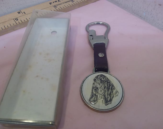 Vintage Keychain, Metal and Leather Keychain "Bassett", Used with Picture of Bassett