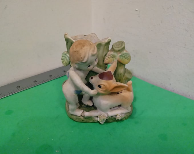 Vintage Porcelain Vase, Cupid and Bambi Vase Near Tree Stump, 1950's