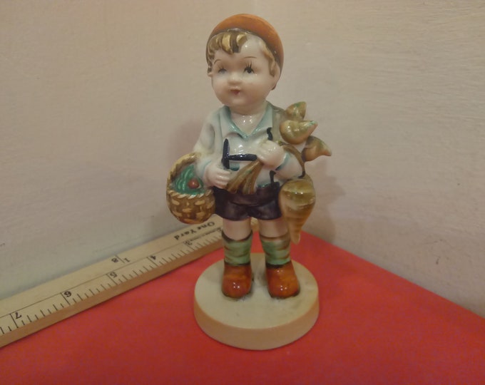 Vintage Hand Painted Porcelain, Boy with Basket and Vegetables, Made in Occupied Japan, 1940's