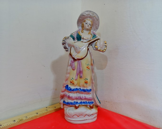 Vintage Porcelain Figurine, Lady with Mandolin/Fiddle, Made in Occupied Japan, 1940/50's