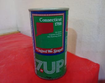 Vintage Tin Soda Cans, 7-UP State Cans with Year Made and Information, 1970/80's