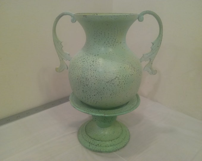 Vintage Brass or Bronze Vase with Pedestal, Painted Light Green with Speckles