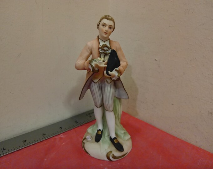 Vintage Lefton China Figurine, Man Holding Hat and Flower looks Colonial, 1960's