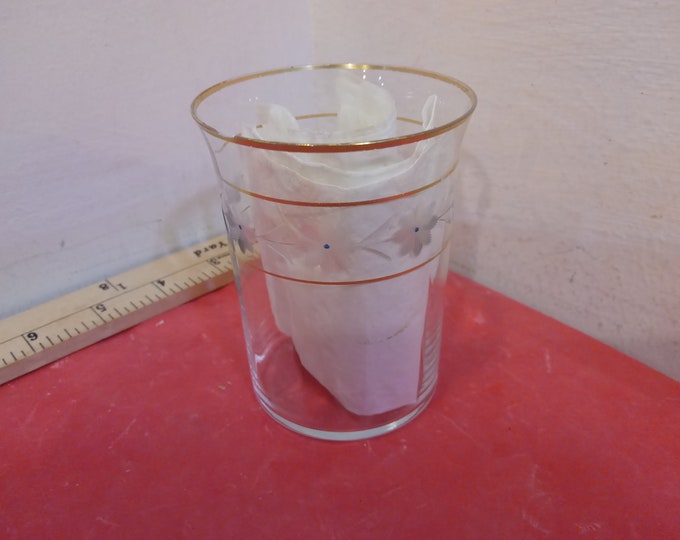 Vintage Glass, Etched with Flower and Leaf Pattern with Gold Lines and Rim, 1950's