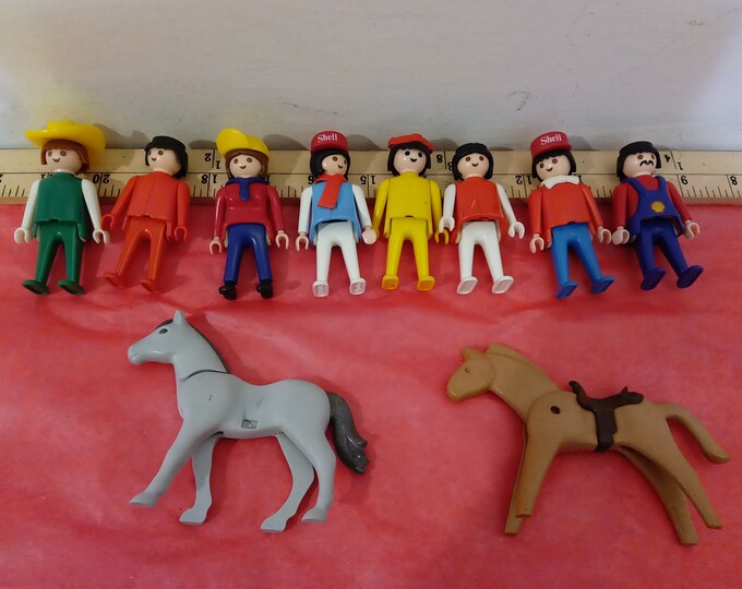 Vintage Playset Figures, Playmobil Geobra Figures, Horses and Figures, Shell Hat Figures, 1974