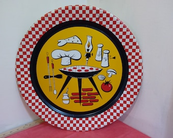 Vintage Metal Decorative Serving Trays, Round Barbeque Tray, Daher Decorated Ware Trays "Chicken's and Flower Trays", 1970's