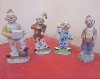 Vintage Ceramic Clowns, 4 Clowns, 2 Clowns with Accordions and 1 with Violin, 1 Generic one made in Korea and Tawain, 1970's#