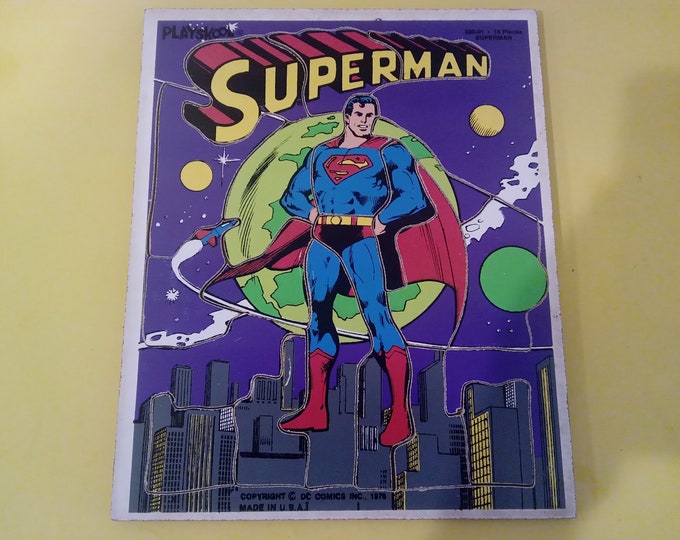 Vintage Playskool Wooden Framed Puzzle, Superman over Metropolis, 1976#