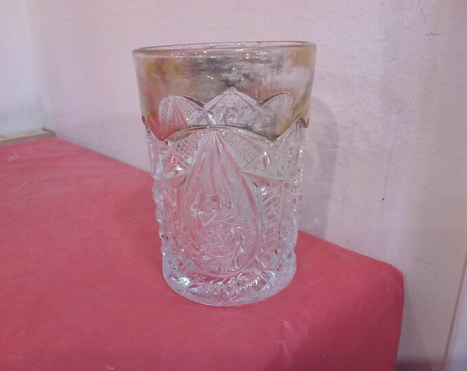 Vintage Drinking Glass, EAPG Pressed Drinking Glass with Gold Top, Edwardian or Victorian Drinking Glasses, 1900's