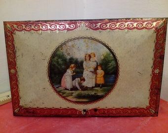 Vintage Thorne's Toffee Tin, Five Children in Field by Pond