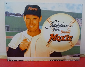 Vintage Tin Advertising Sign, Ted Williams Says: Drink Moxie, Reprint Sign by Ted Williams Family LTD, Made in USA