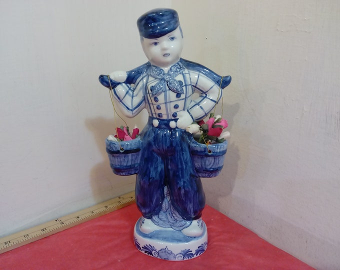 Vintage Ceramic/Porcelain Figurines, Blue Boy or Girl with Baskets of Flowers on Each Side, Hand painted Delft Holland Figurines 12" Tall