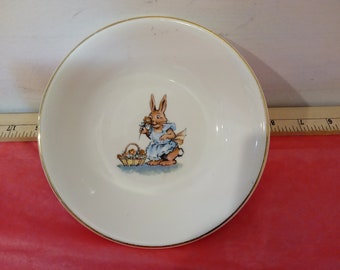 Vintage Child's Cereal Bowl, Bunny with Basket Child's Cereal Bowl with 23 Karat Gold Rim by Salem China Co., 1940's