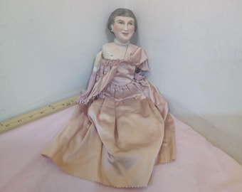 Vintage Porcelain/Ceramic Dolls, Victorian Lady in Pink/Peach Dress or Victorian Gentleman with Green Checkered Vest and Drum