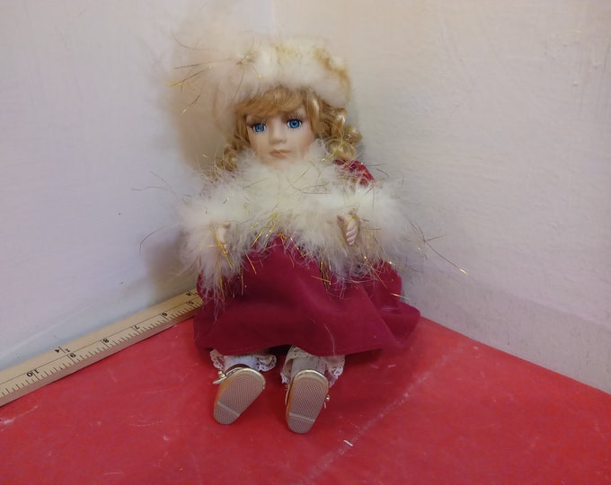 Vintage Porcelain Doll, Collector's Choice by Dandee Mrs. Claus or Lady in Red Santa Suit that Sits on Shelf, 1980's