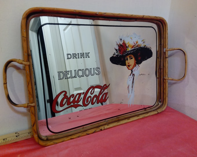 Vintage Coca-Cola Serving Tray, Bamboo Mirror Serving Coca-Cola Tray, Advertising Tray, 1960's