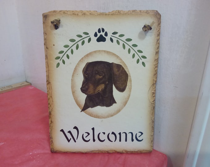 Vintage Wall Decor Daschund, Hand Painted Daschund with Welcome on Ceramic Tile with Rope Hanger