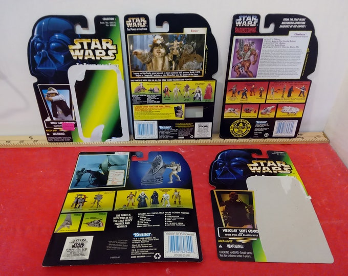 Vintage Star Wars Backing Cardboards, Five Kenner Action Figures Backing Boards, Ewoks, Chewbacca, and Others, 1990's