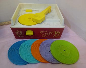 Vintage Child's Record Player, Fisher Price Music Box Record Player with Five Discs, 1971
