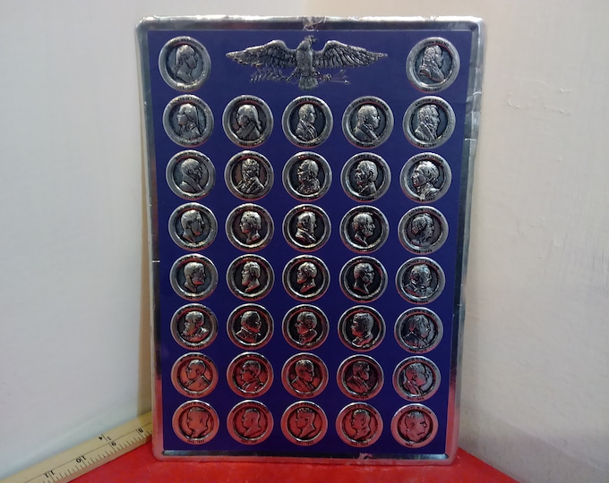 Vintage Historical Item, Wall Hanging with Seal of United States and 37 Presidents Embossed on Blue and Silver Sheet
