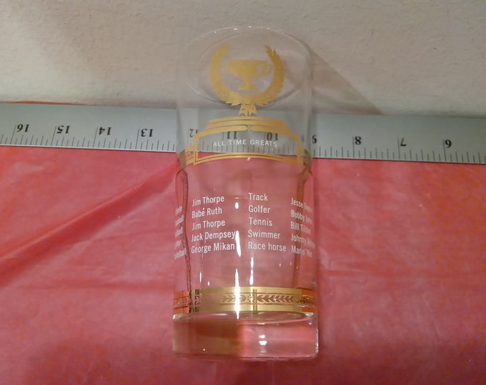 Vintage Collector Glass, All Time Greats in Different Sports Drinking Glass, Gold and White, 1950's#