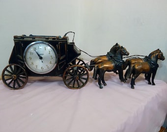 Vintage Horse Carriage Clock, Spartus Brass/Bronze Horse Carriage Clock, Four Horses with Carraige, Needs Work and Repairs, Very Rare