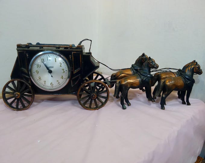 Vintage Horse Carriage Clock, Spartus Brass/Bronze Horse Carriage Clock, Four Horses with Carraige, Needs Work and Repairs, Very Rare