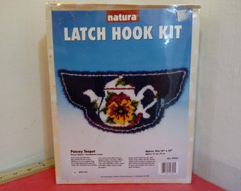 Vintage Latch Hook Kit, Heart Wreath P435, Pansey Teapot Art. R063, and Roses Kit No. 79345, 1980's