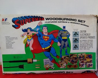 Vintage Wood Burning Set, Superman Woodburning Set with Batman and Wonder Woman, No Tool, 1979