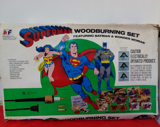 Vintage Wood Burning Set, Superman Woodburning Set with Batman and Wonder Woman, No Tool, 1979