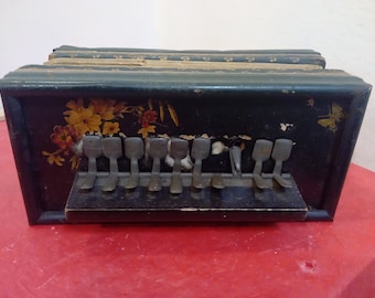 Vintage Squeeze Box Accordion, Rectangle Shape with Hand Painted Design and Valves on One Side#