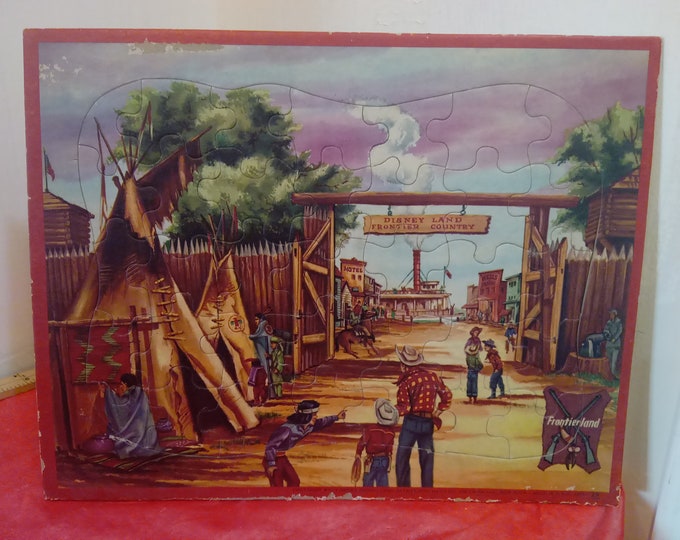 Vintage Framed Puzzles, Walt Disney Land Frontier Land, Cowboy and Son, Dogs on Bike, and Bears Painting, 1960's#