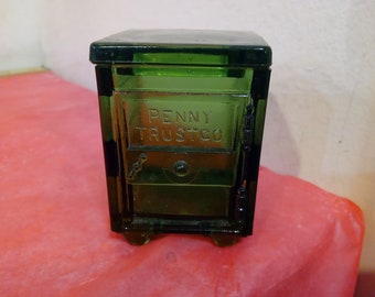 Vintage Piggy Banks, Green Glass Bank, Tin World Bank/Mission Savings Bank, Lincoln Bronze Bank, Glass Barrel Bank and Plastic Piggy Bank#
