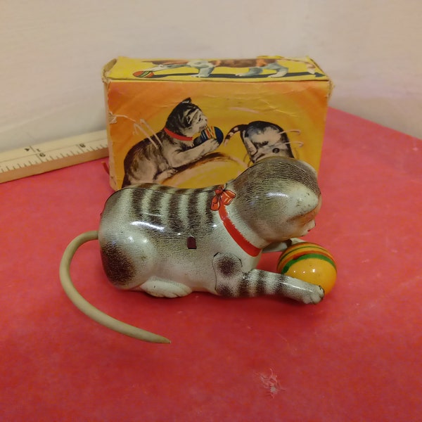 Vintage Tin Toy, Cat with Ball by GKN, Tin Wind-up Toy, Occupied Germany, 1940's