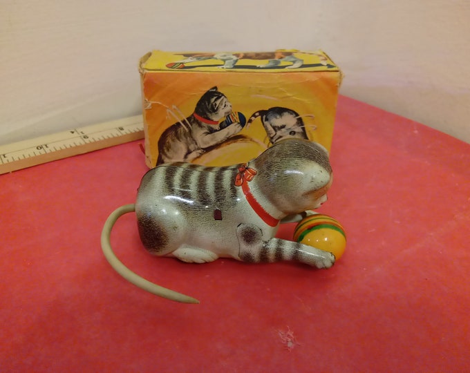 Vintage Tin Toy, Cat with Ball by GKN, Tin Wind-up Toy, Occupied Germany, 1940's